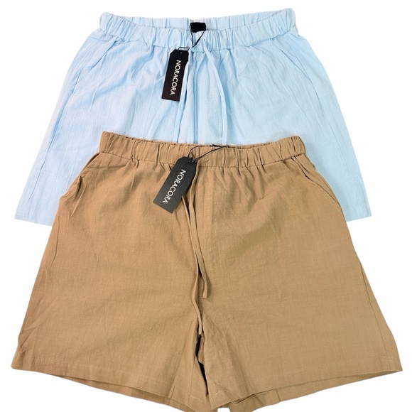 BUNDLE - NWT Noracora Womens L Cotton Linen Tan Blue Shorts Pockets - Picture 2 of 10